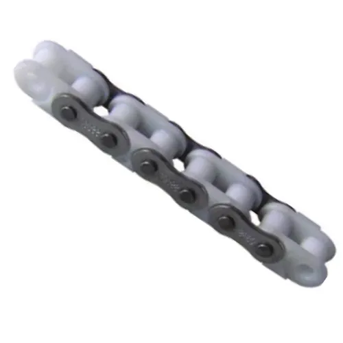 Roller chains with plastic attachments